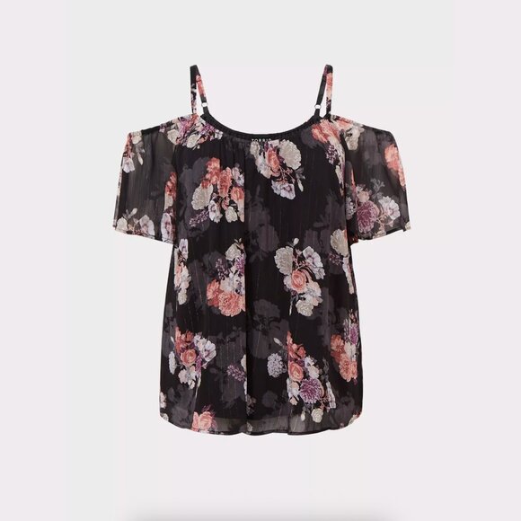 Torrid - Black Floral Lurex Cold Shoulder Top - Picture 3 of 7